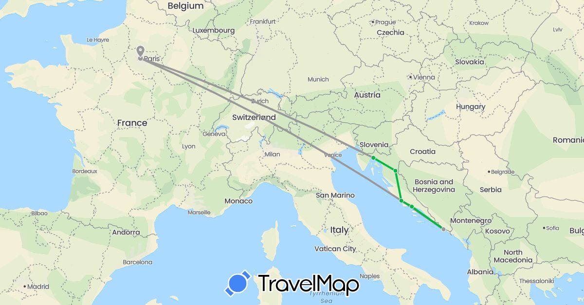 TravelMap itinerary: driving, bus, plane in France, Croatia (Europe)